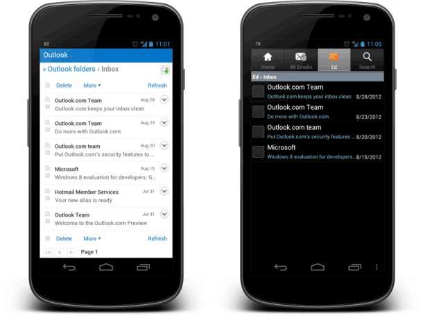 principais funcionalidades do Outlook.com-móvel