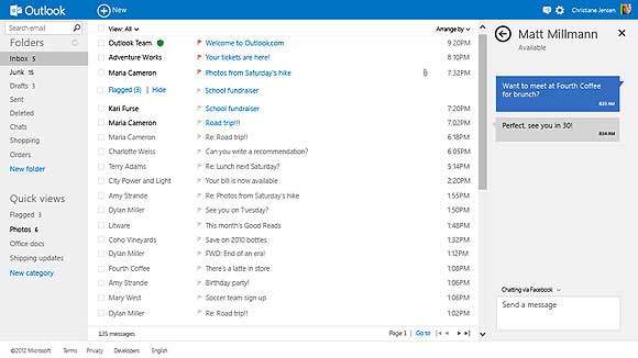 principais funcionalidades do Outlook.com-interface